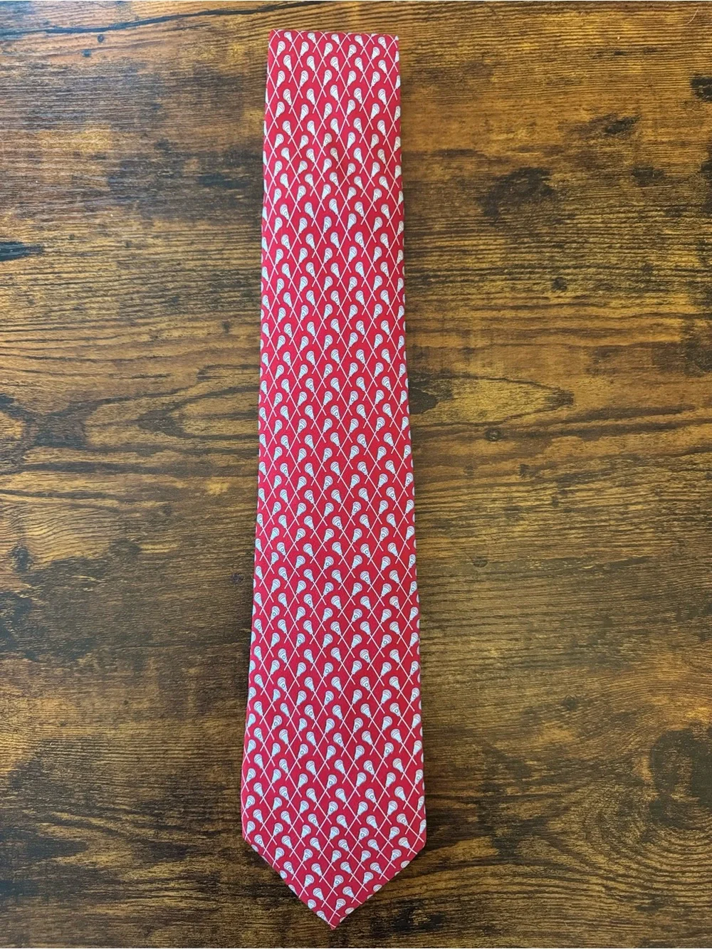 Vineyard Vines red, silk Tie with Lacrosse Motif